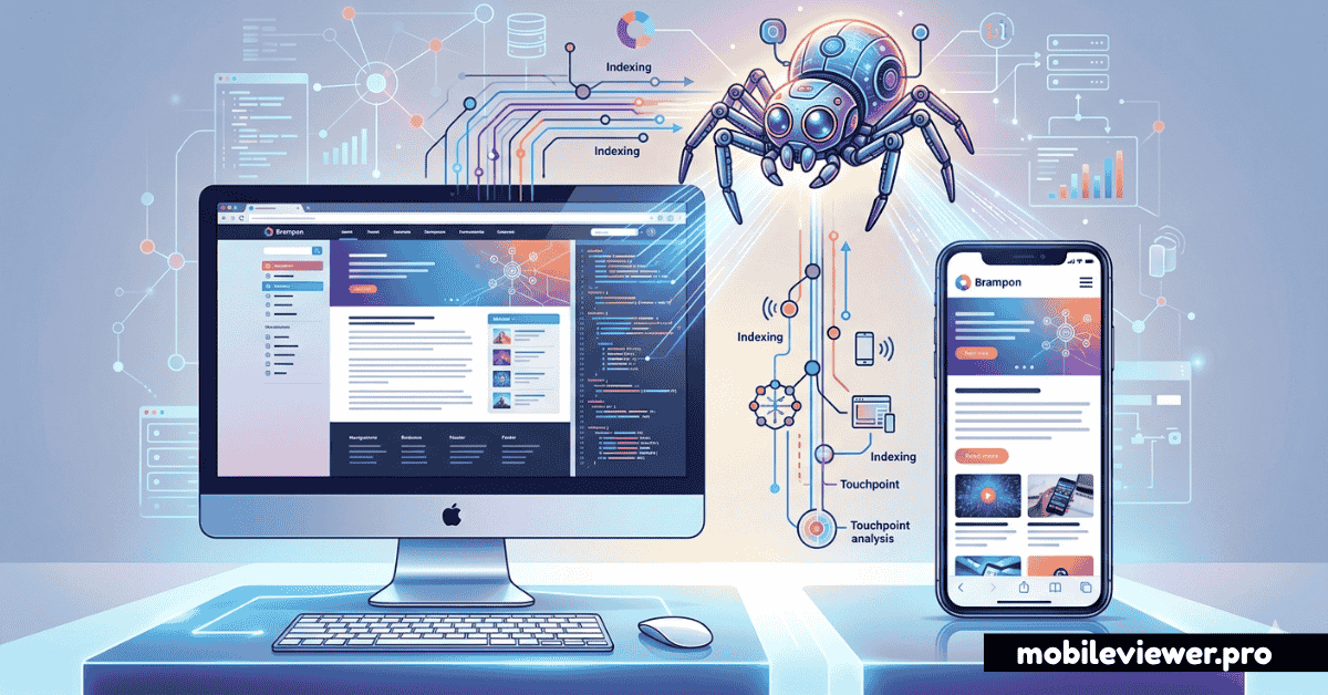A visual comparison of a desktop website and its mobile counterpart being analyzed by a search engine crawler