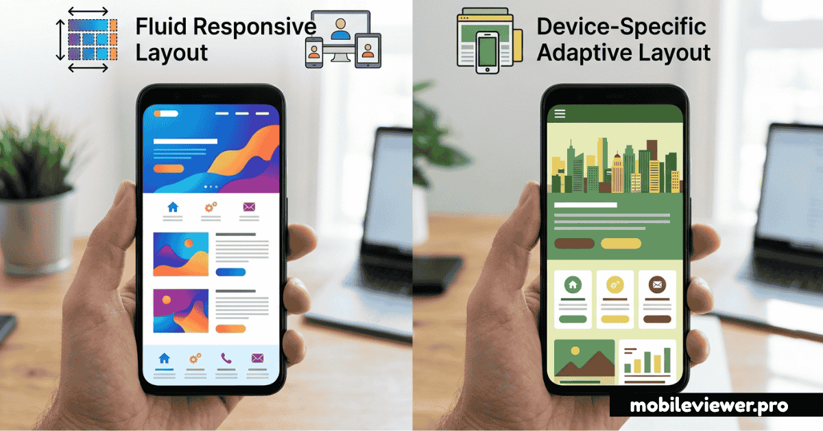 A side-by-side demonstration of a fluid responsive layout and a device-specific adaptive layout on a smartphone